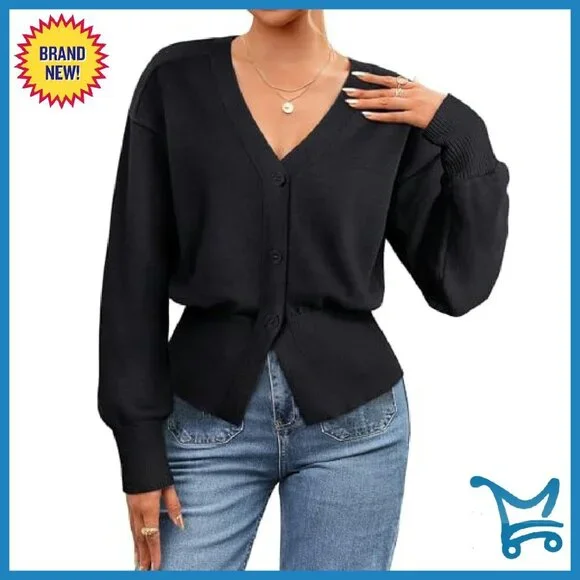 Long Sleeve V-Neck Peplum Cardigan Sweater Open Front Knitted - Picture 5 of 8